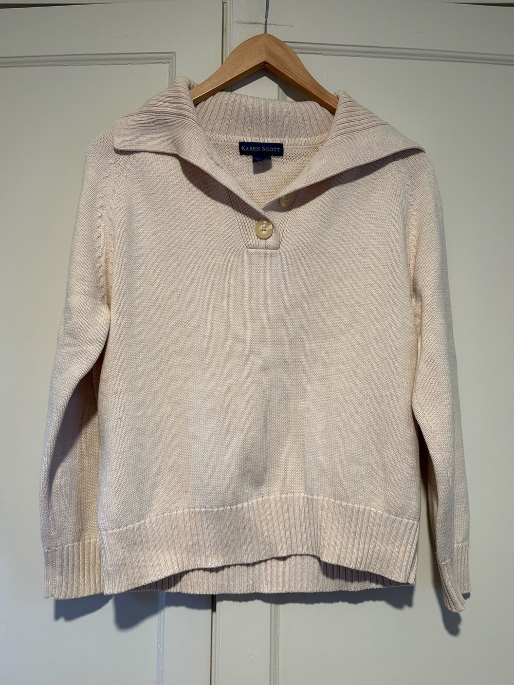 Karen Scott Cream Cotton Collared Henley Pullover